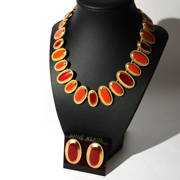 Vintage Anne Klein Gold Tone Red & Orange Collar Necklace w/ Post Earrings - Picture 1 of 13
